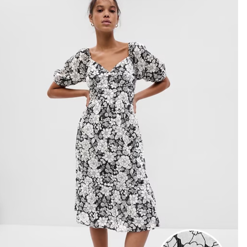 GAP Puff Sleeve Metallic Floral Midi Dress. Sz Sm Tall Fun casual. NWT